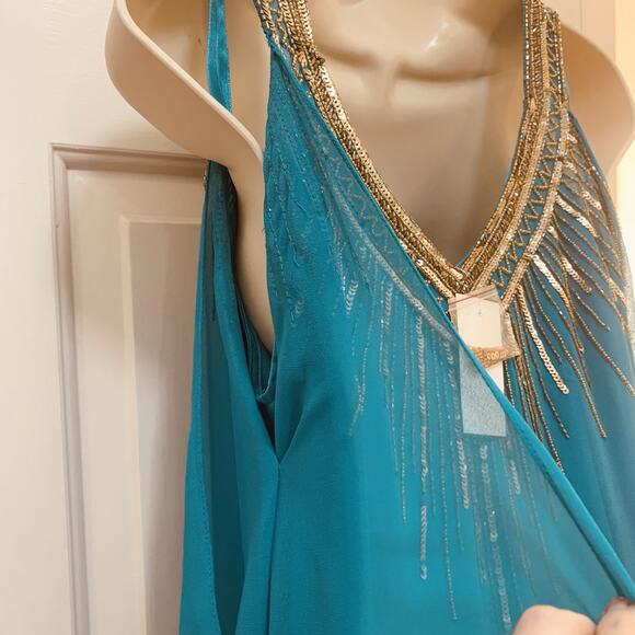 Cache NWT Aqua With Gold Beaded Sequin Chiffon Cocktail Dress Size 10 - Picture 11 of 15